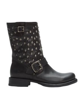 Frye Jenna Cut Stud Short Black Leather Boots Silver Buckle Motorcycle